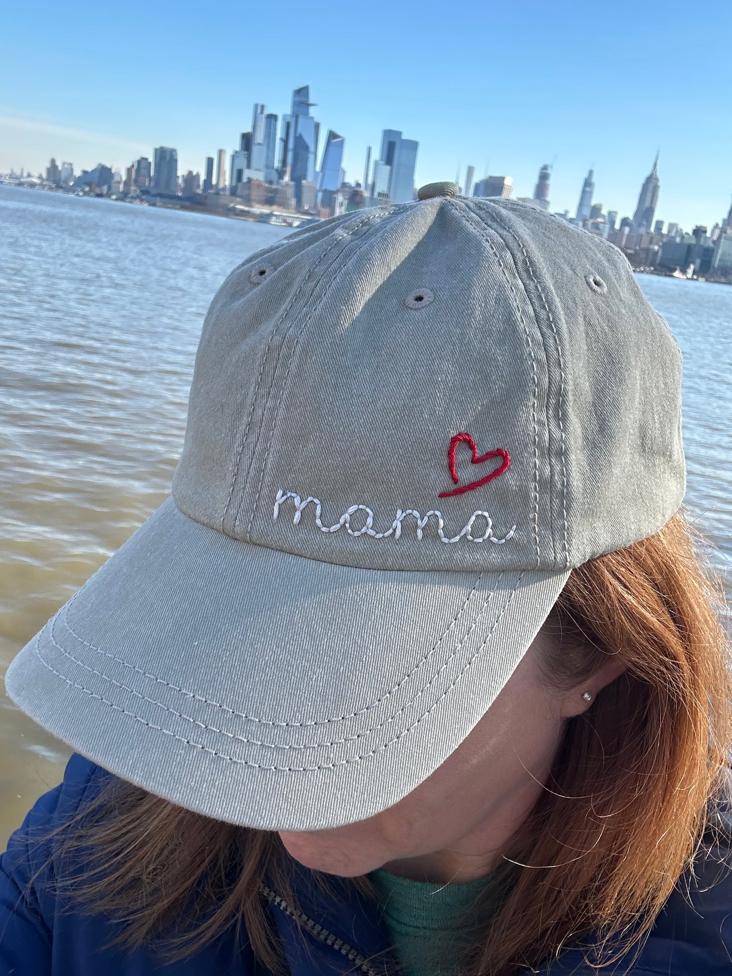 Hand Embroidered Heart Mama and Heart Dad Baseball Caps