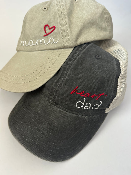 Hand Embroidered Heart Mama and Heart Dad Baseball Caps