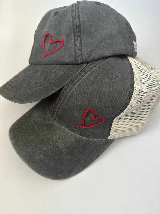 Hand Embroidered Heart Adult Baseball Cap